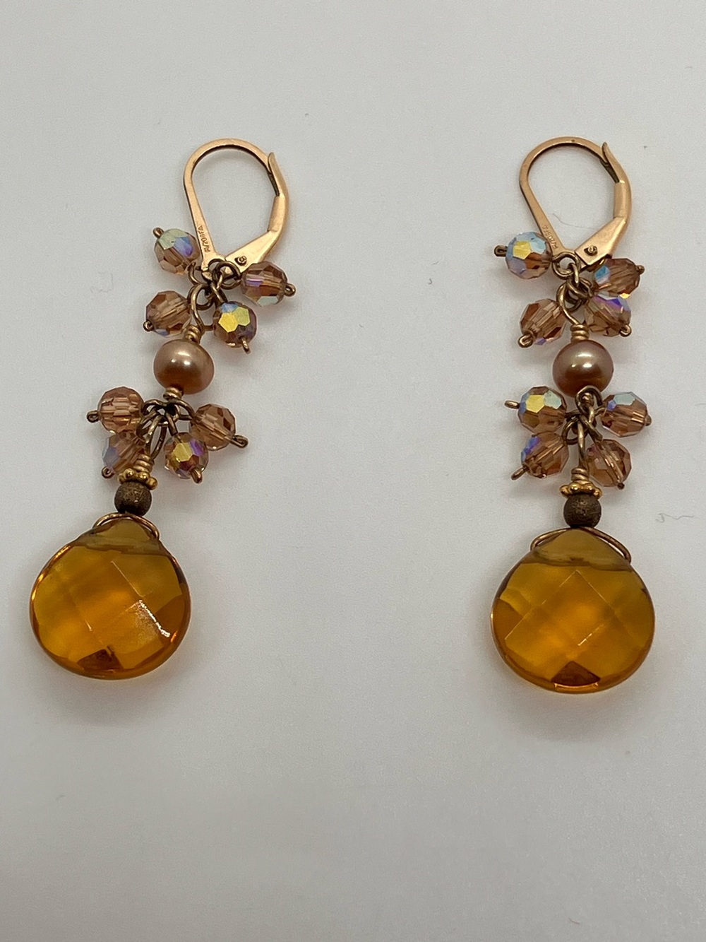 Vtg Gold Filled Facetted Glass  Freshwater Pearl Crystal Dangle Earrings